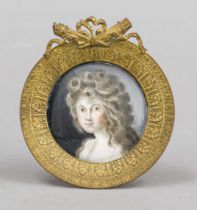 Miniature, 19th century, polychrome tempera painting on bone plate, unopened, round portrait of a