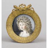 Miniature, 19th century, polychrome tempera painting on bone plate, unopened, round portrait of a