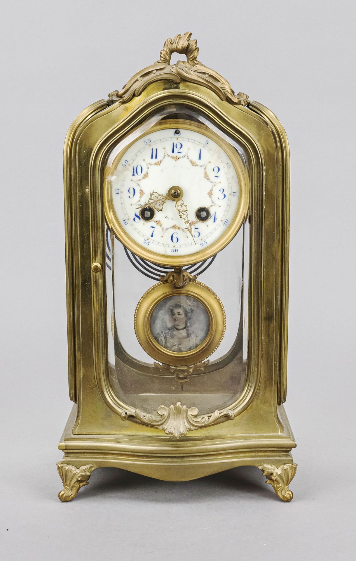 Early Art Nouveau table clock, circa 1900, gilt brass, faceted glass on all sides, viewing window at