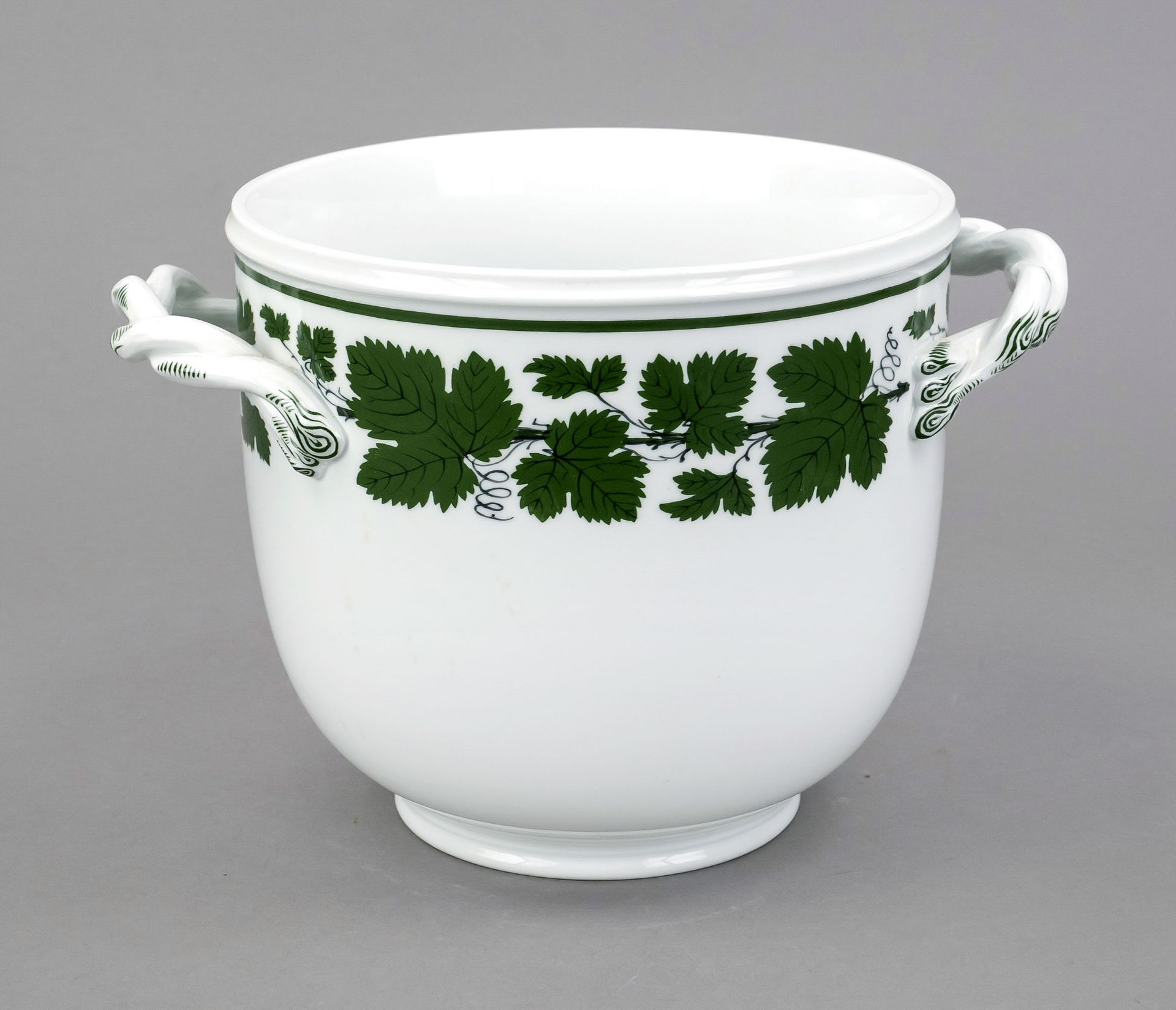 Large cachepot, Meissen, mark after 1934, 1st choice, decor vine leaves in underglaze green, w. 26