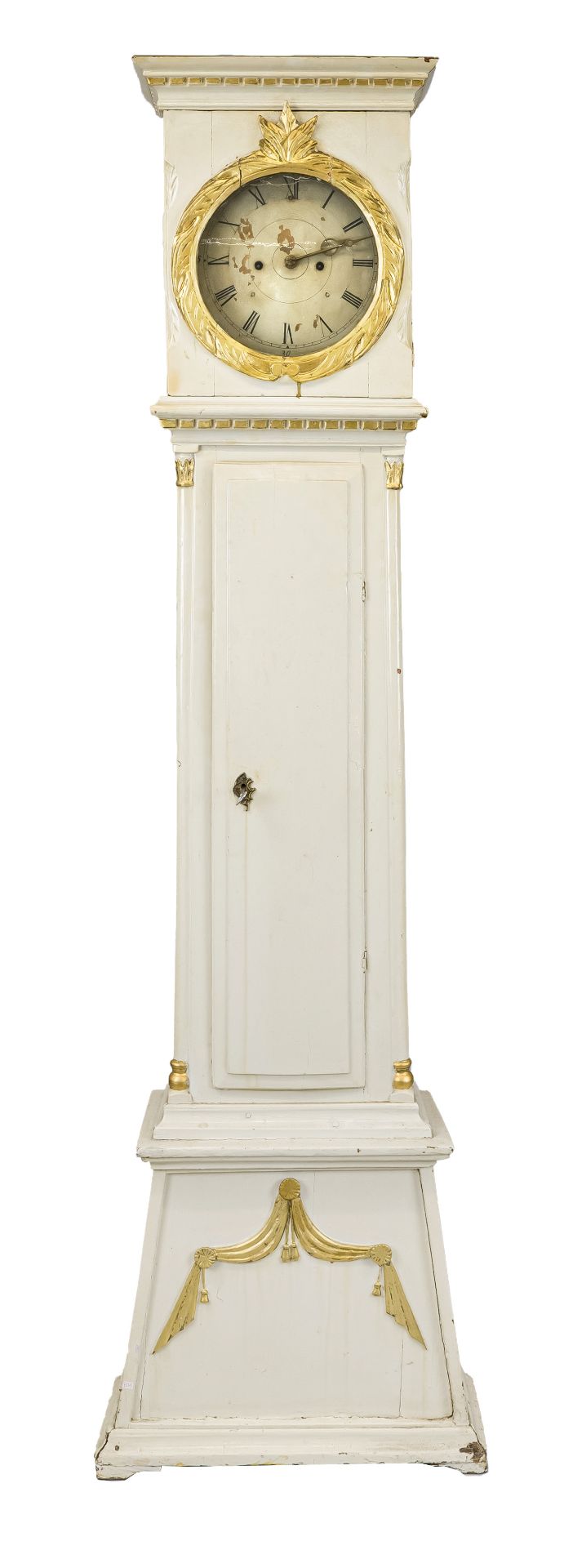 Swedish grandfather clock, Gustavian, early 19th century, white lacquered, set with gold, in the