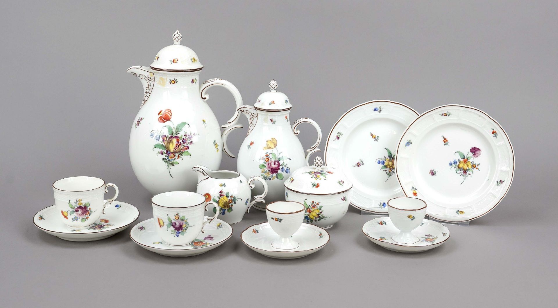 Breakfast service for two, 12-piece, Nymphenburg, mark 1925-75, Ozier model, with polychrome