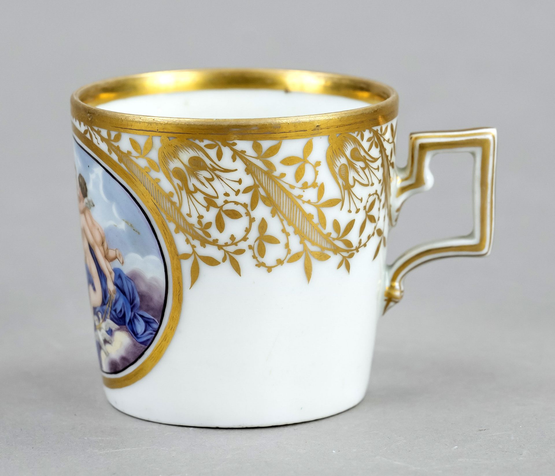 Cup with saucer, W mark, conical shape with angular side handle, polychrome fine painting on the - Image 3 of 3