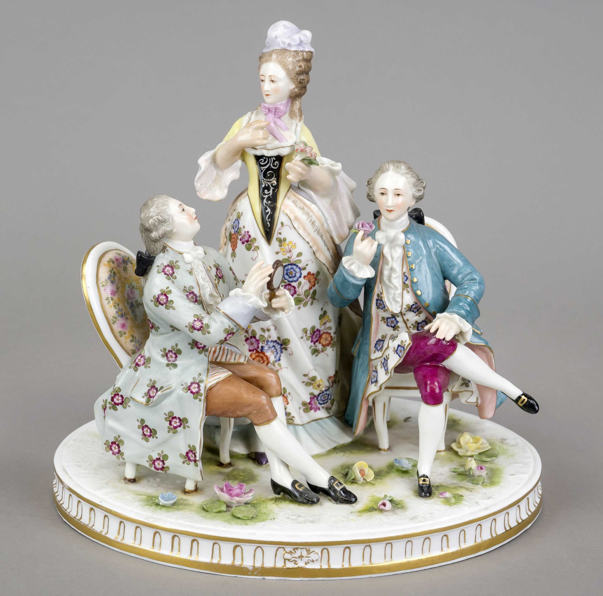Group of figures, Ludwigsburg, 20th century, Rococo group, elegant lady standing between two