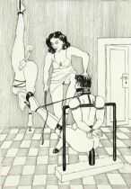 Erotica -- Monogrammist AM c. 1970, three explicit erotic drawings with dominatrix and SM motifs,