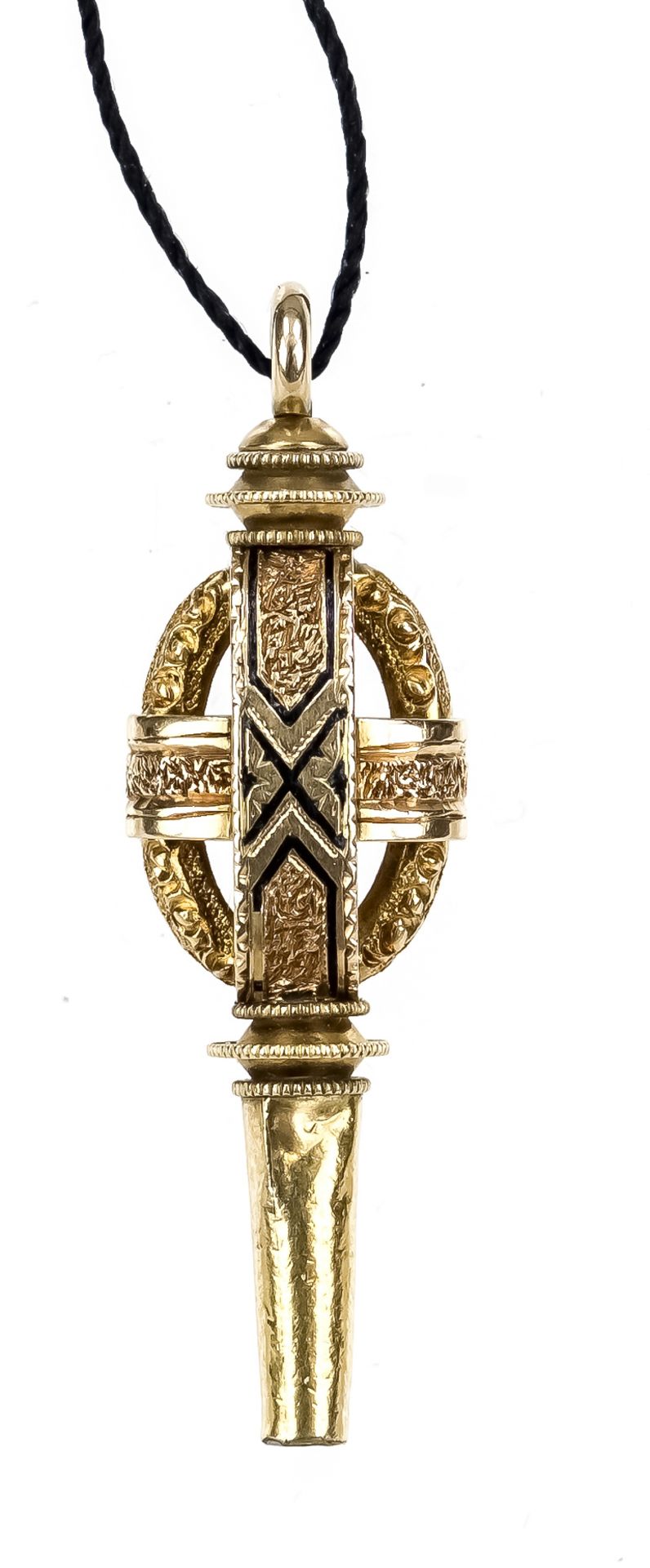 antique pocket watch key, GG 585/000, inlaid with e$maille, engraved, 19th century, length 3.6cm,