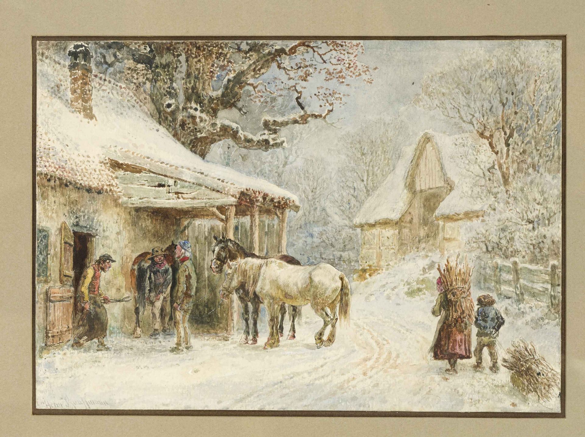 Hermann Kauffmann (1808-1889), Winter landscape with horses in front of the blacksmith's forge and