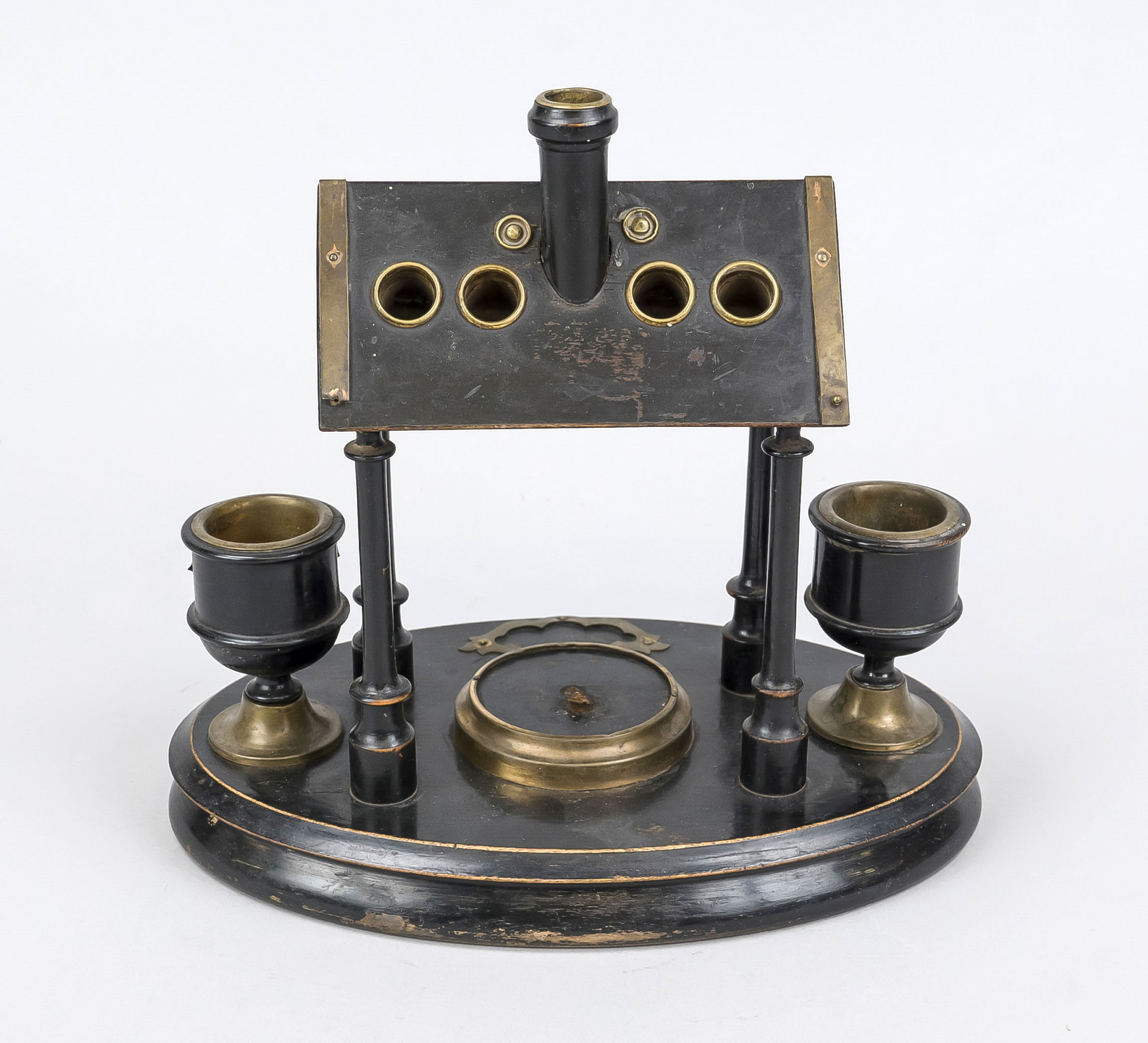 Smoking set with match holder, 2nd half 19th century, black lacquered wood with brass fittings,
