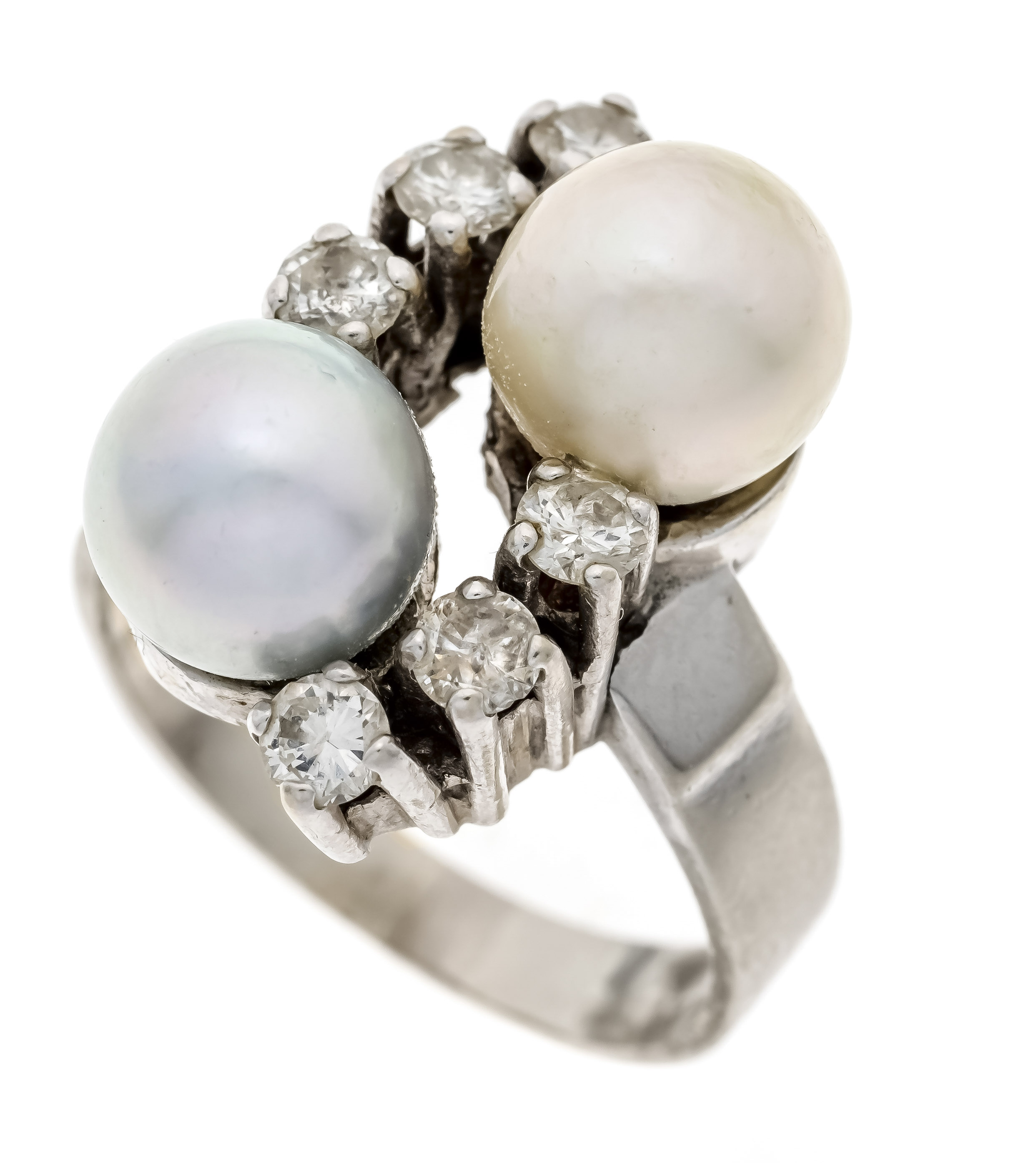 Cultured pearl diamond ring WG 585/000 with one cream-colored and one silver-grey cultured pearl 9.5