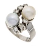 Cultured pearl diamond ring WG 585/000 with one cream-colored and one silver-grey cultured pearl 9.5