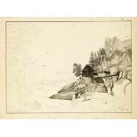 German School, early 19th century, unfinished study of a romantic mountain landscape with country