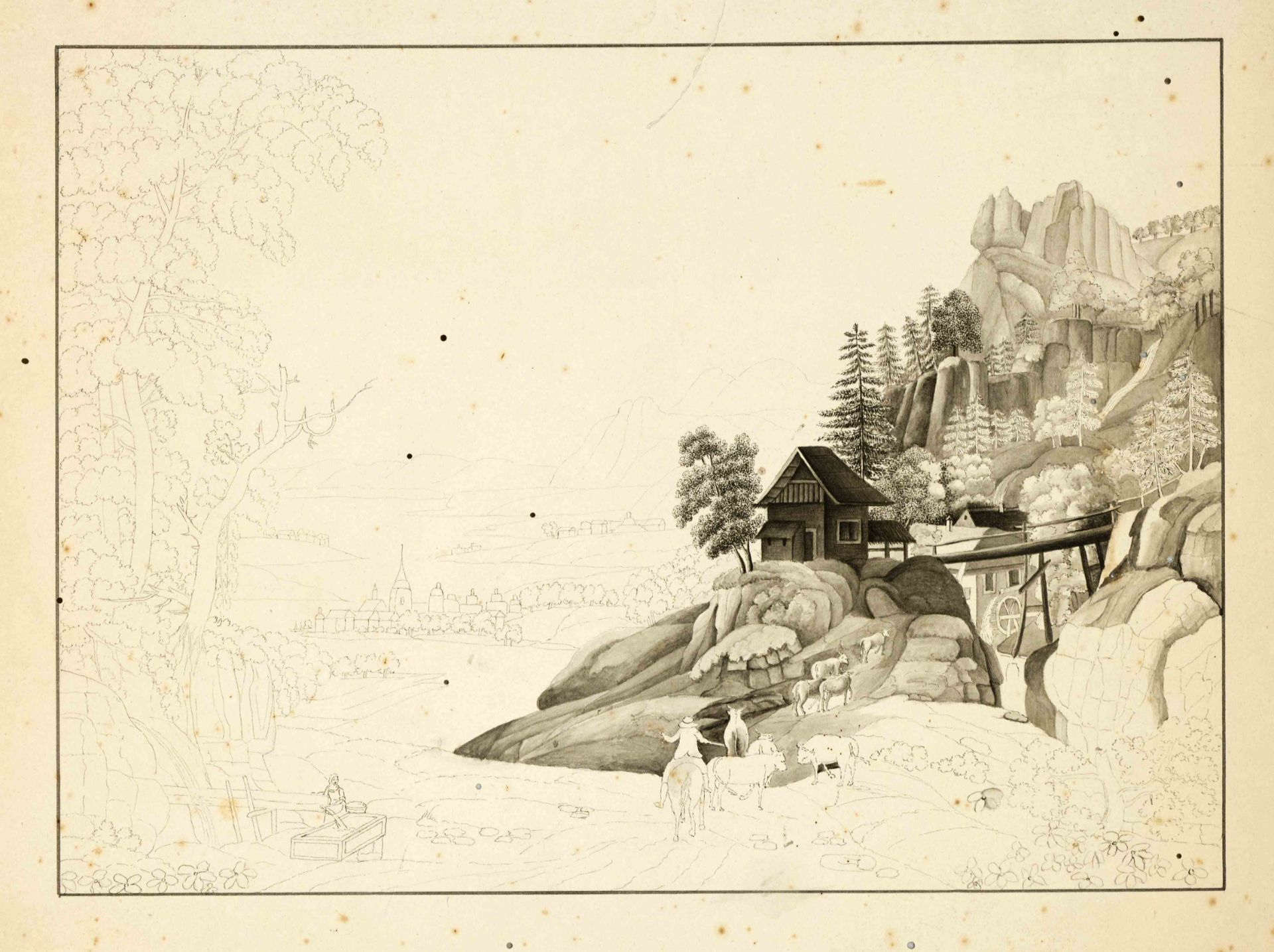 German School, early 19th century, unfinished study of a romantic mountain landscape with country