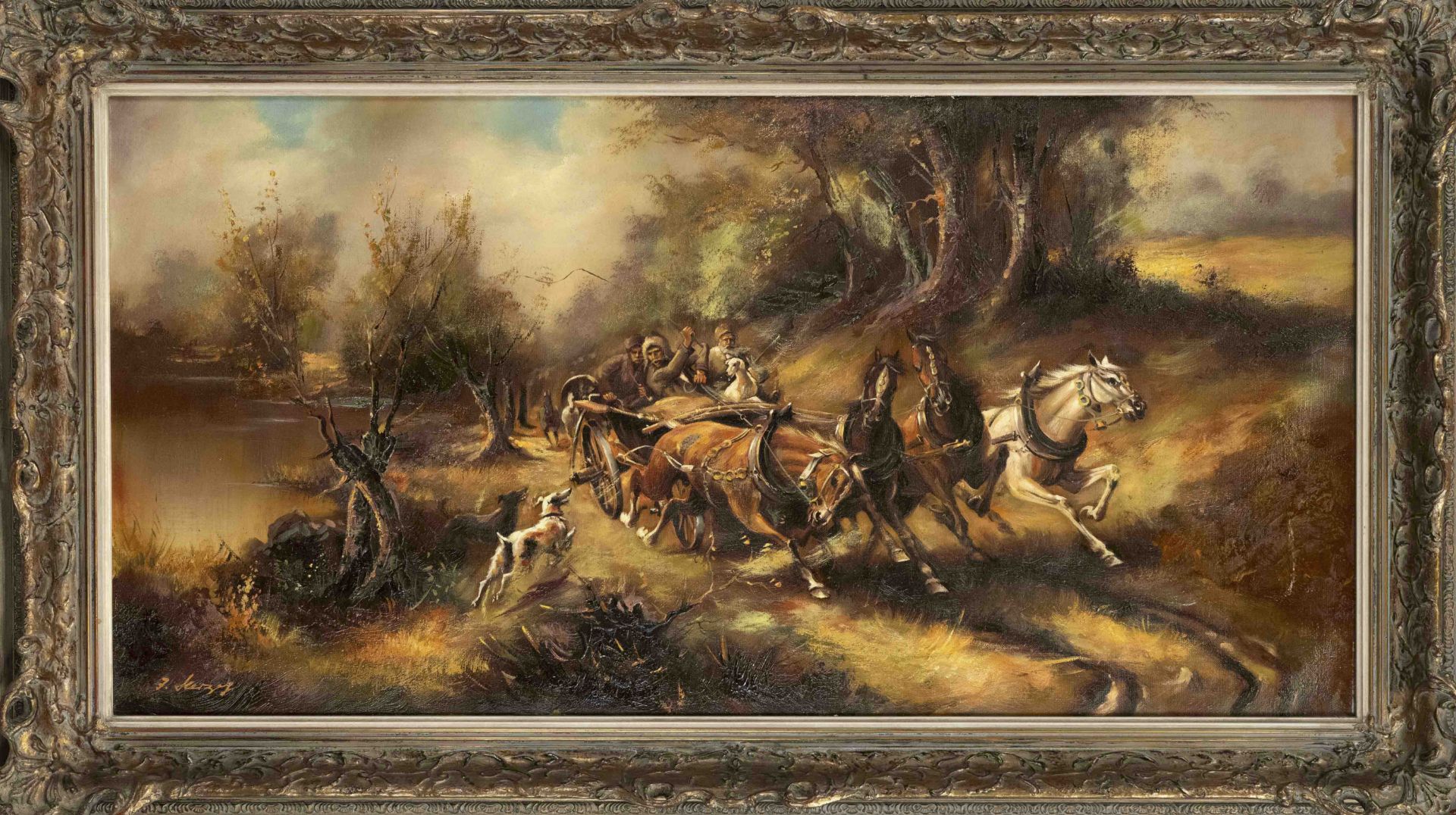 signed Herzog, mid-20th century, Horse and cart driving wildly through a landscape, oil on canvas,