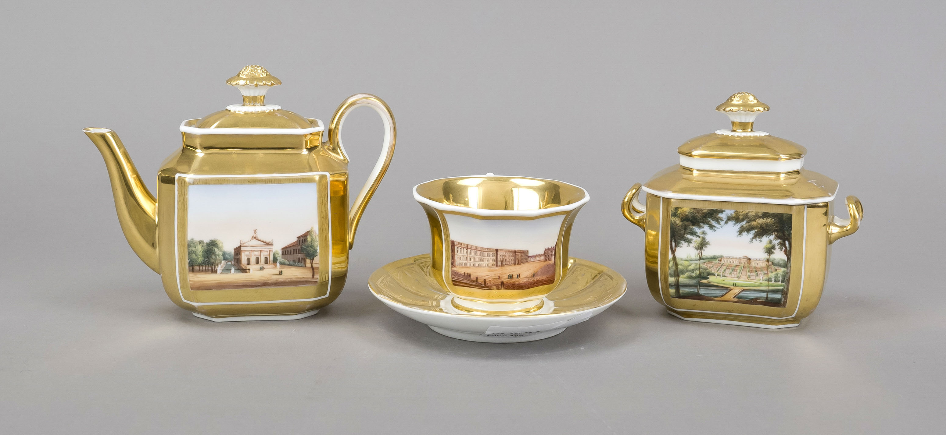 Jug, sugar bowl and view cup with saucer, early 19th century, w. France, polychrome painting in