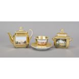 Jug, sugar bowl and view cup with saucer, early 19th century, w. France, polychrome painting in