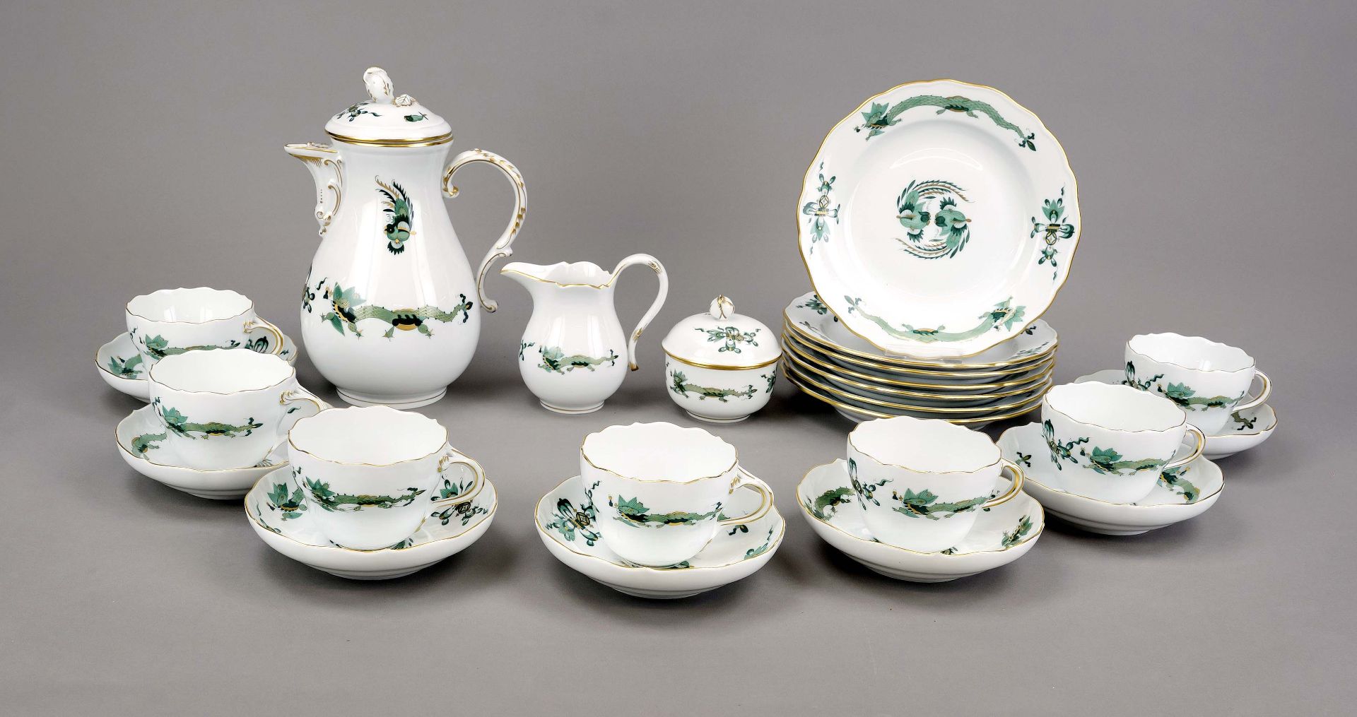 Coffee service for 7 persons, 24-piece, Meissen, c. 1980, 1st choice, New Cut-out shape, green court