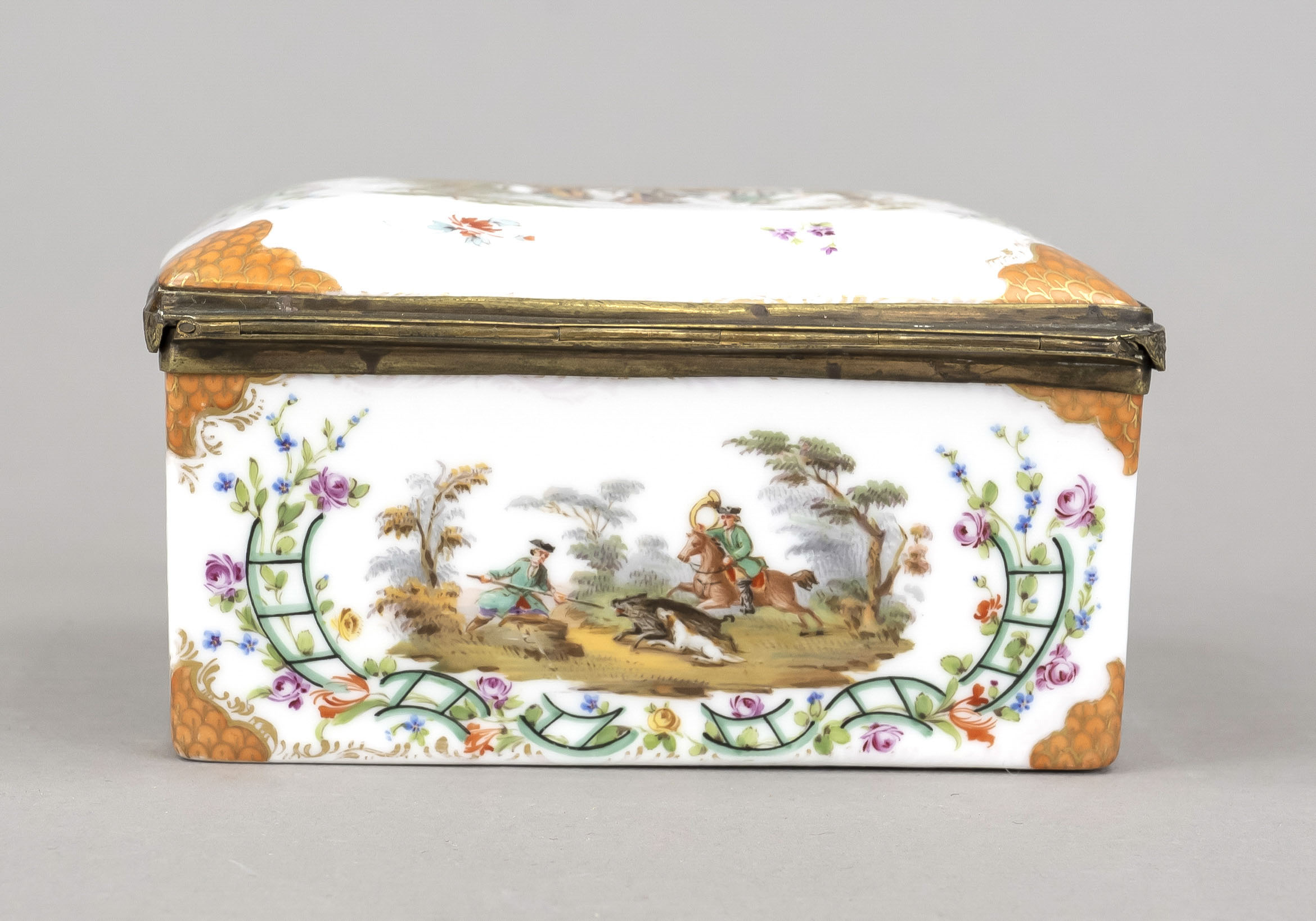 Lidded box in the style of 18th century KPM Berlin, unmarked, rectangular form with hinged, slightly - Image 5 of 7