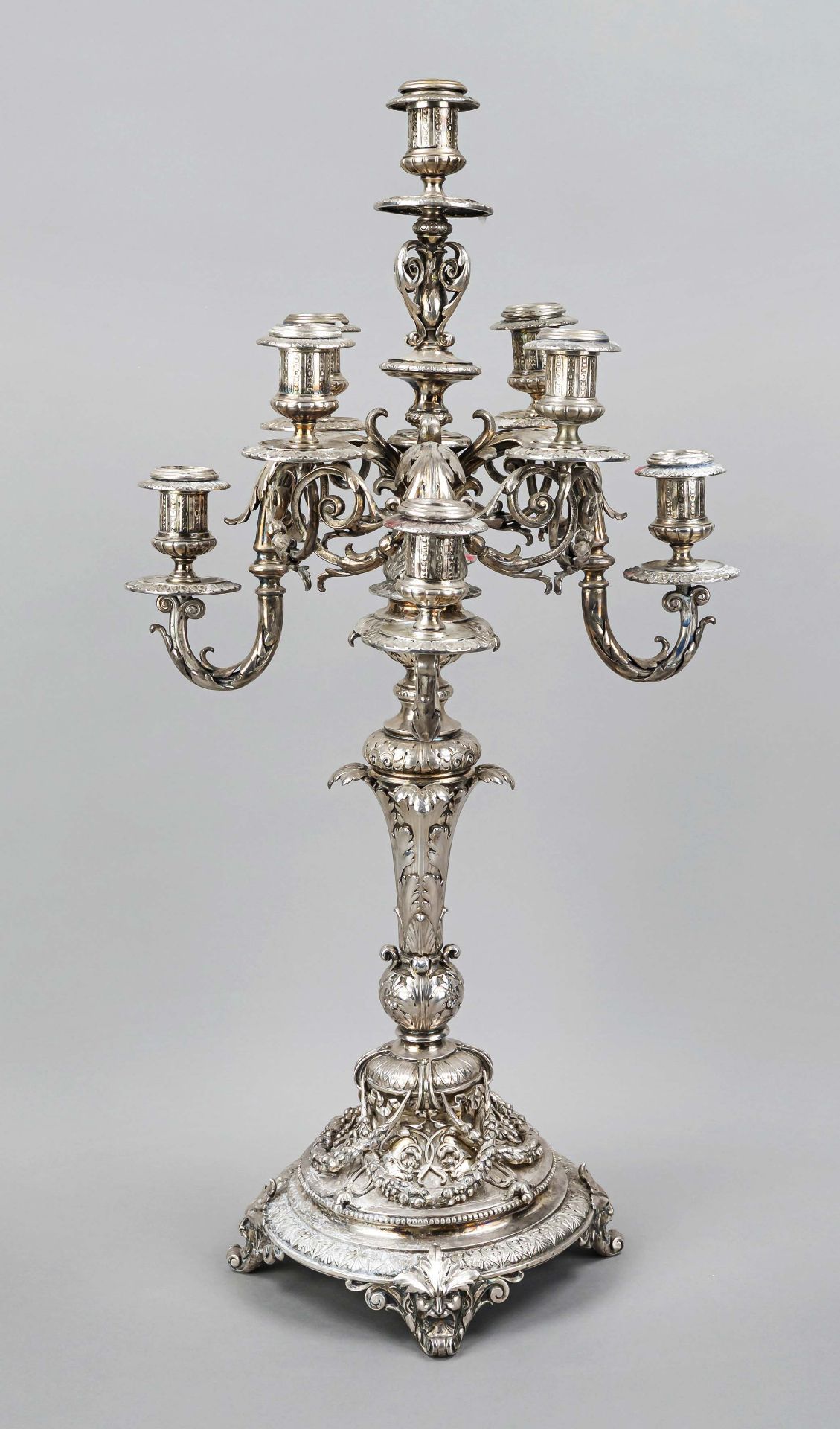 A large nine-flame Historicist table chandelier, German, late 19th century, maker's mark Sy &