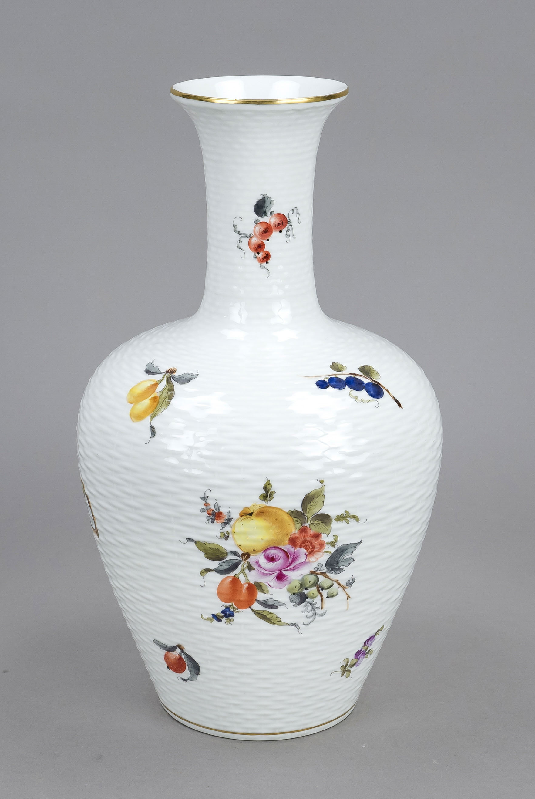 Vase, Herend, mark after 1967, wall with basket relief, with polychrome fruit and flower painting, - Image 2 of 2