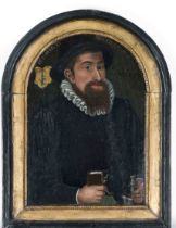 German portrait painter c. 1600, Portrait of a doctor/patrician (?) with book and vial,