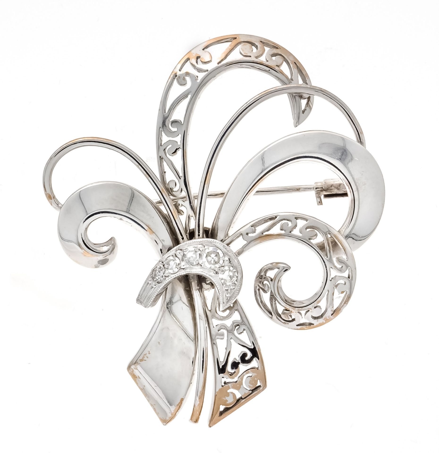 Bow brooch WG 750/000 partially set with openwork with 5 octagonal diamonds, total 0.20 ct W/SI-