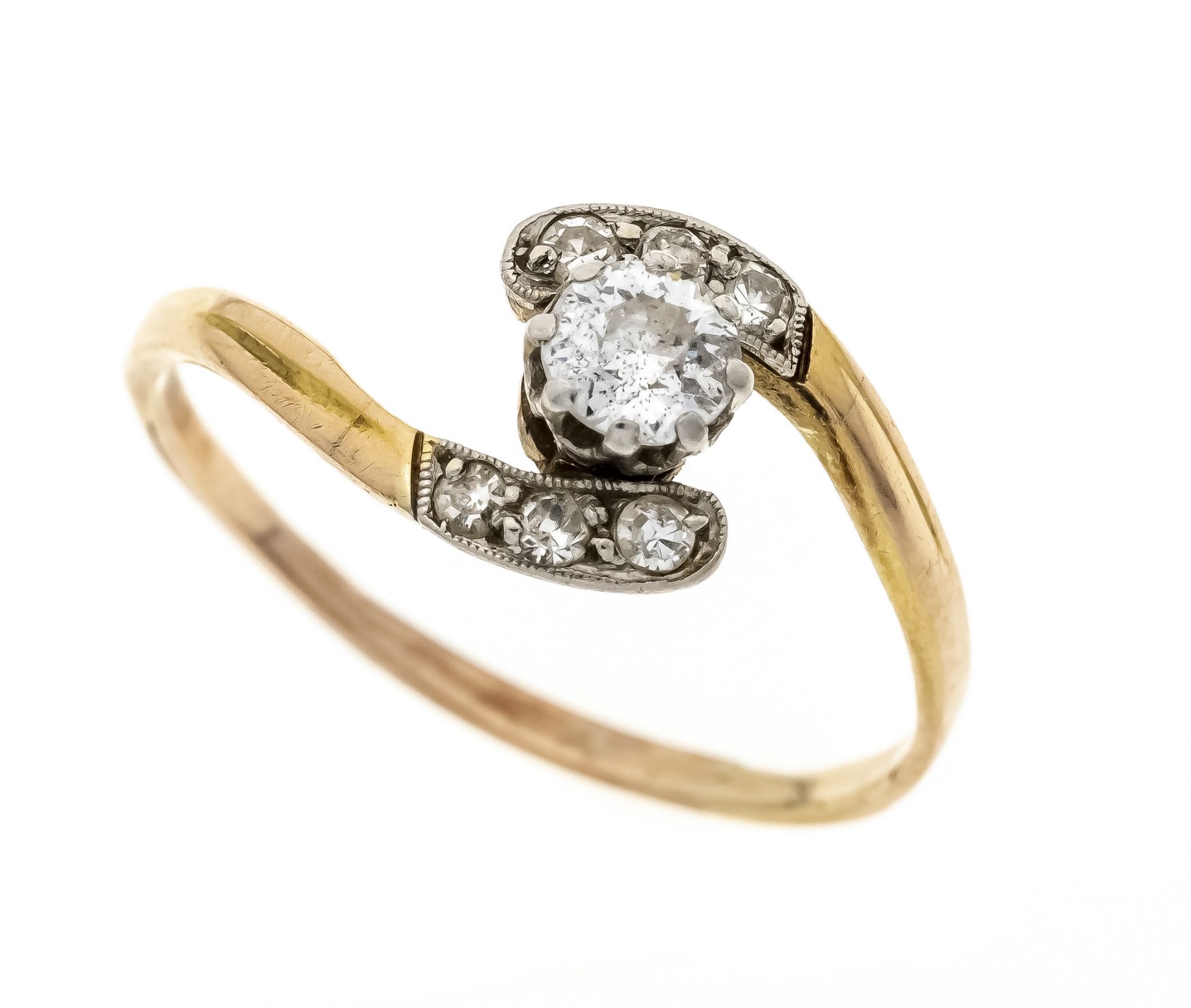 Art Nouveau ring GG/WG 375/000 unmarked, tested, with one old-cut diamond 0.25 ct slightly tinted