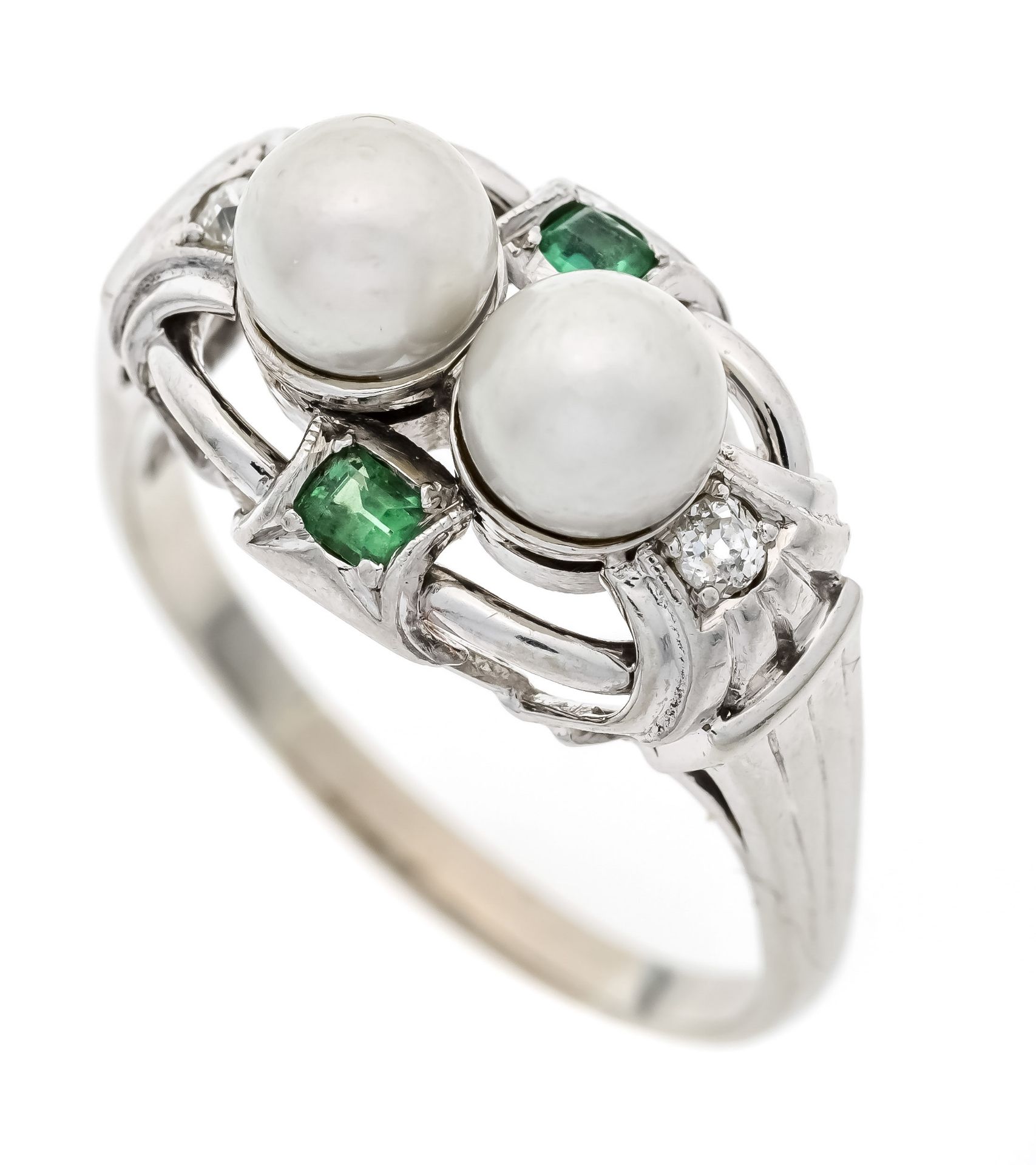 Akoya pearl emerald ring circa 1930 WG 585/000 with 2 white Akoya pearls 5.4 mm, 2 faceted emerald