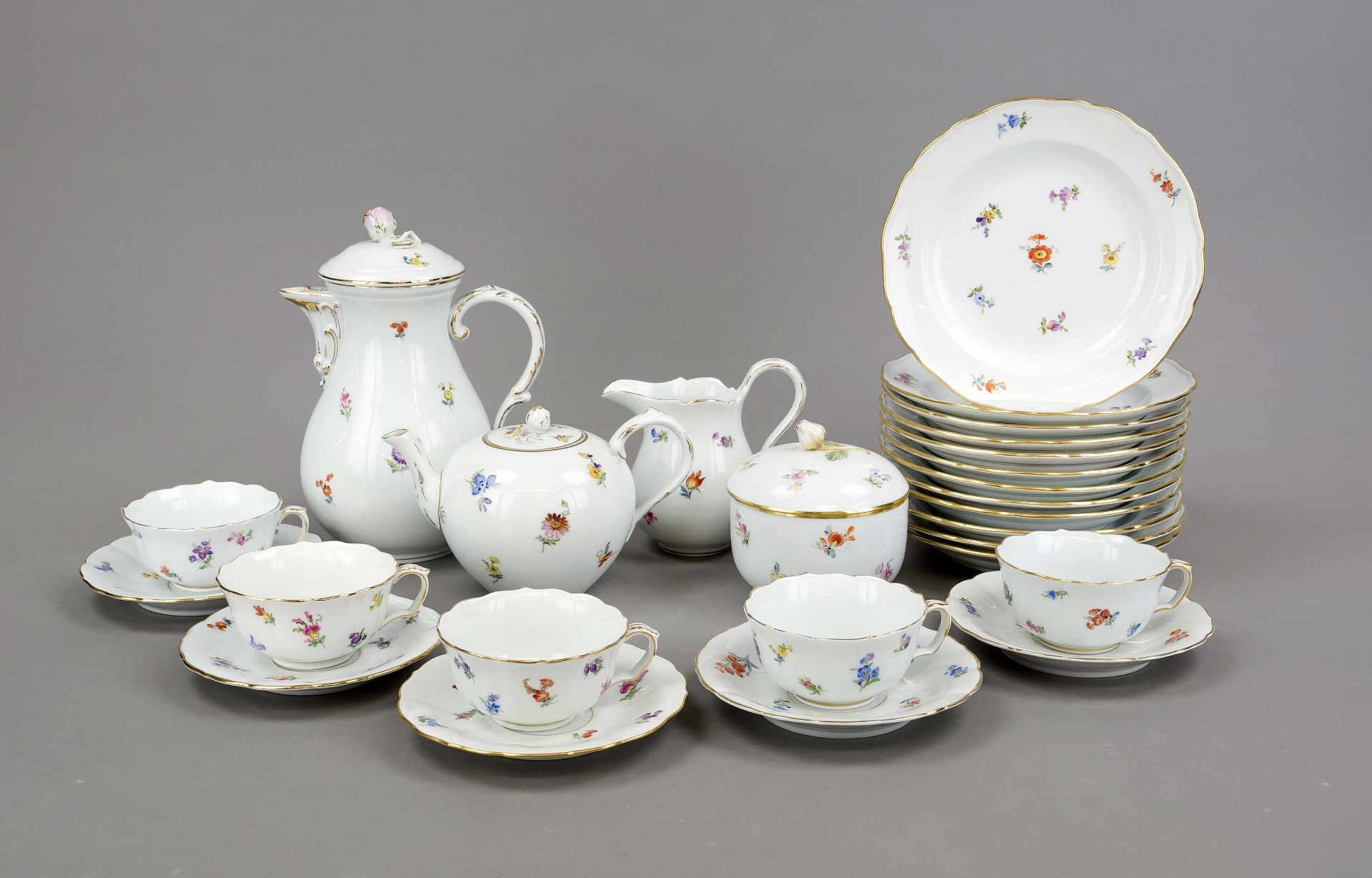 Breakfast service for 12 persons, 42-piece, Meissen, 20th century, new cut-out shape, polychrome