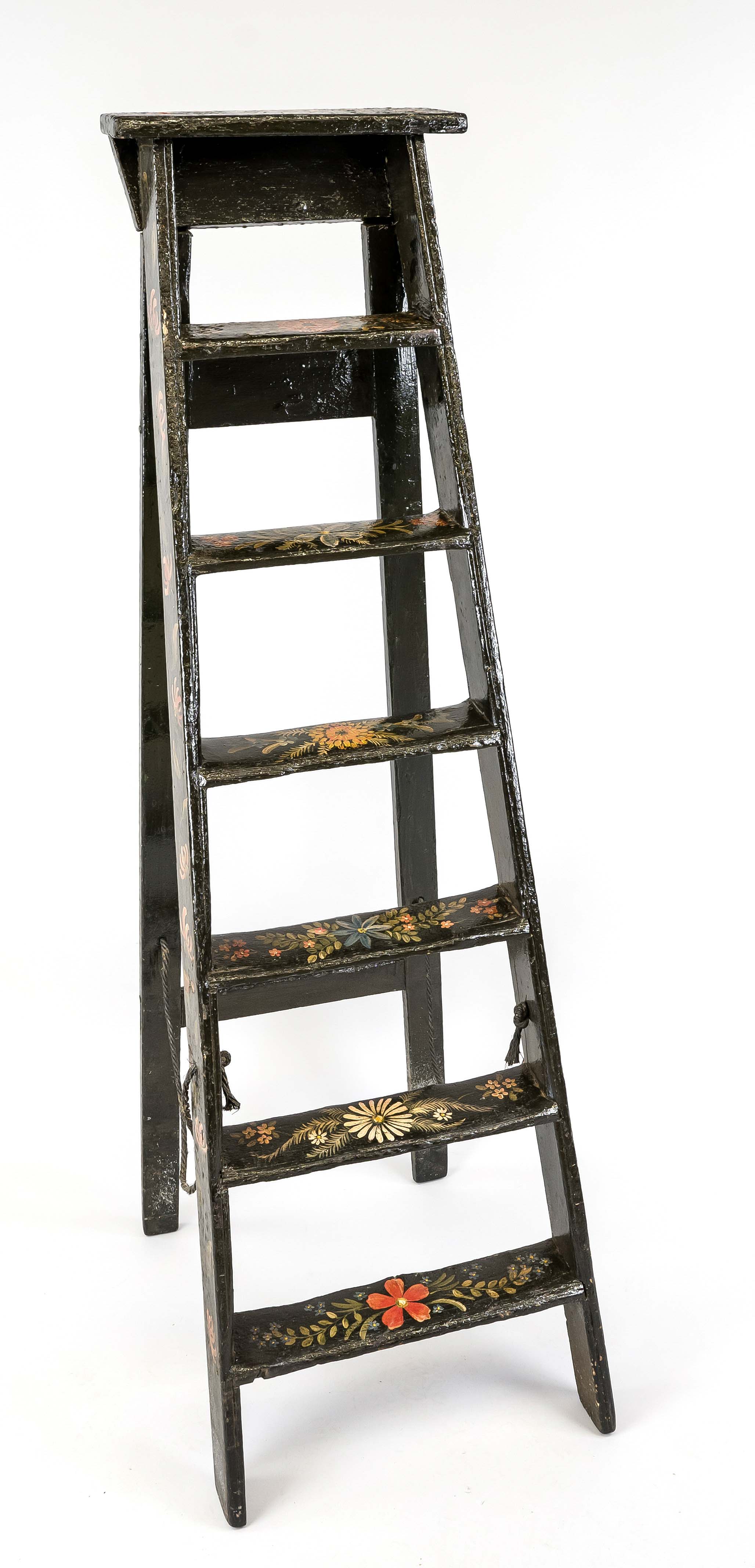 Historic ladder, probably 19th century Holland, wood polychrome painted with flowers on a black