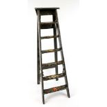 Historic ladder, probably 19th century Holland, wood polychrome painted with flowers on a black
