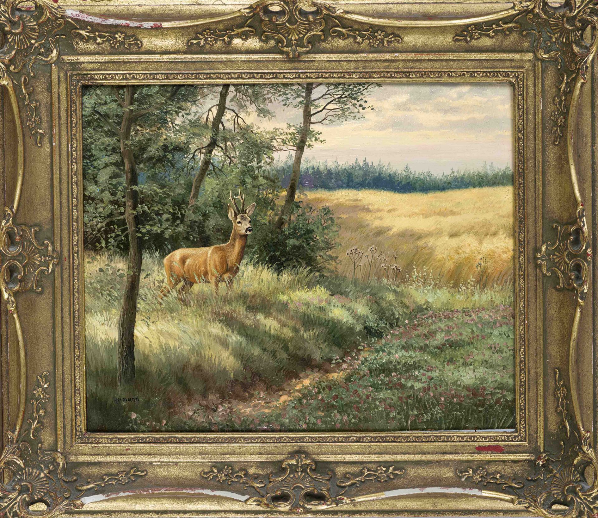 Friedrich Reimann (1896-1991), German landscape and hunting painter, Junghirsch am Waldrand, oil