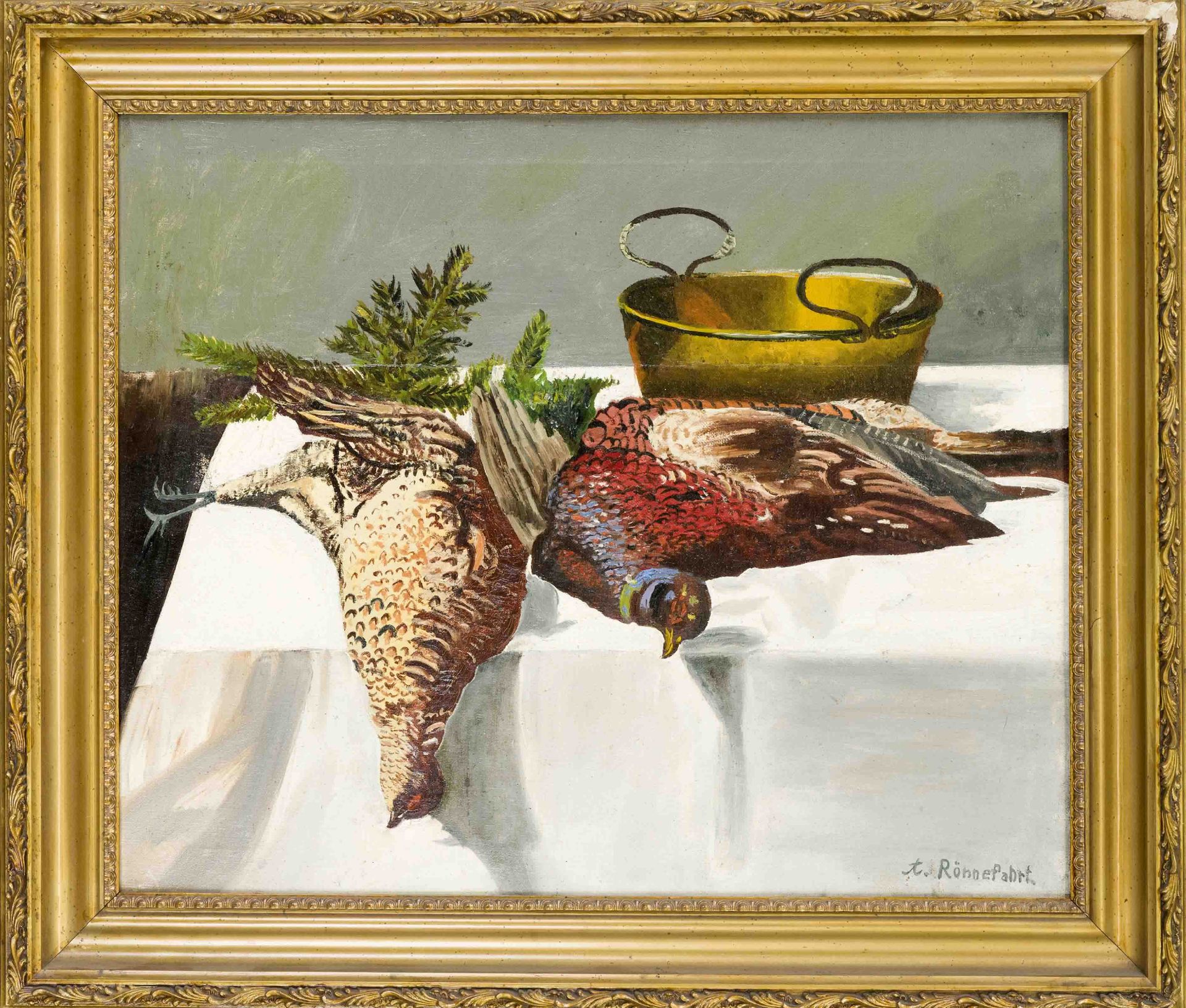 A. Rönnefahrt, 1st half of the 20th century, Hunting still life with pheasants, oil on canvas,