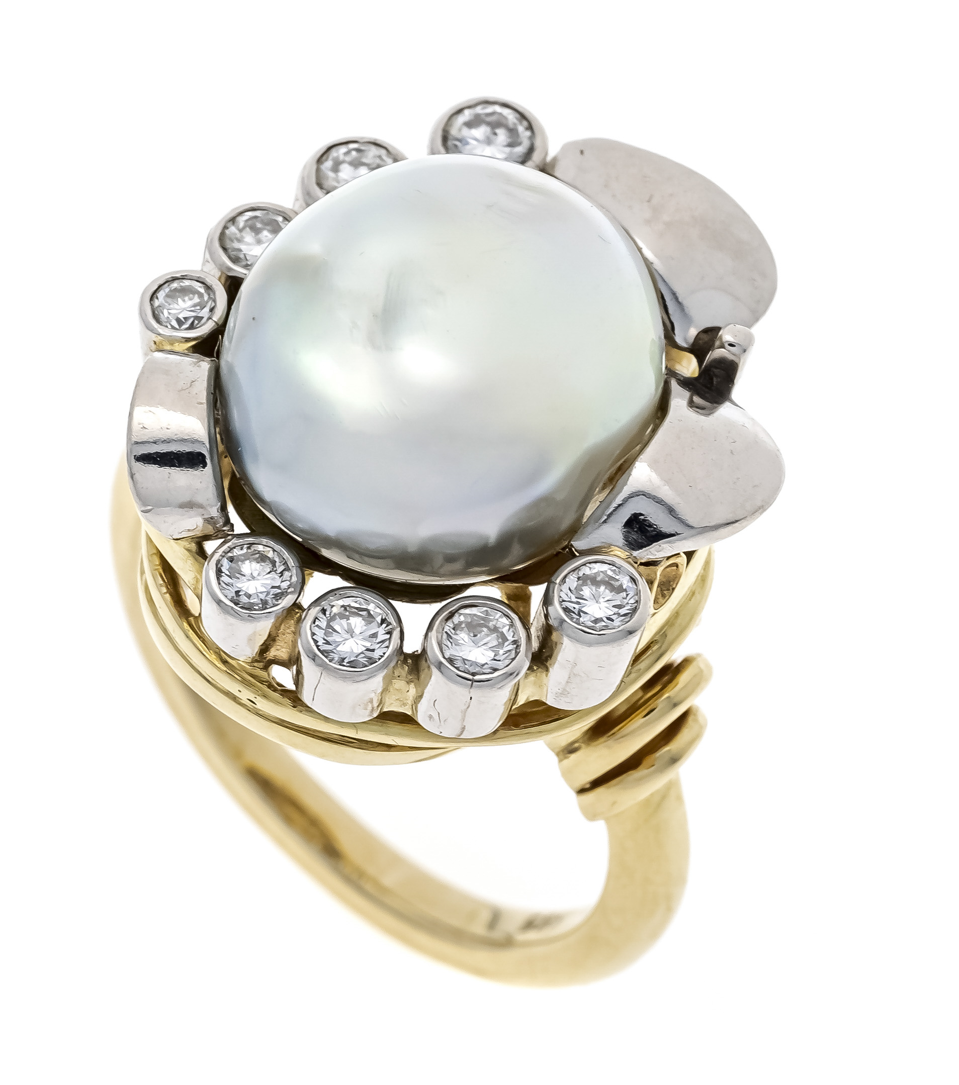 South Sea pearl diamond ring GG/WG 585/000 with a South Sea cultured pearl 14.2 x 12.0 mm in light