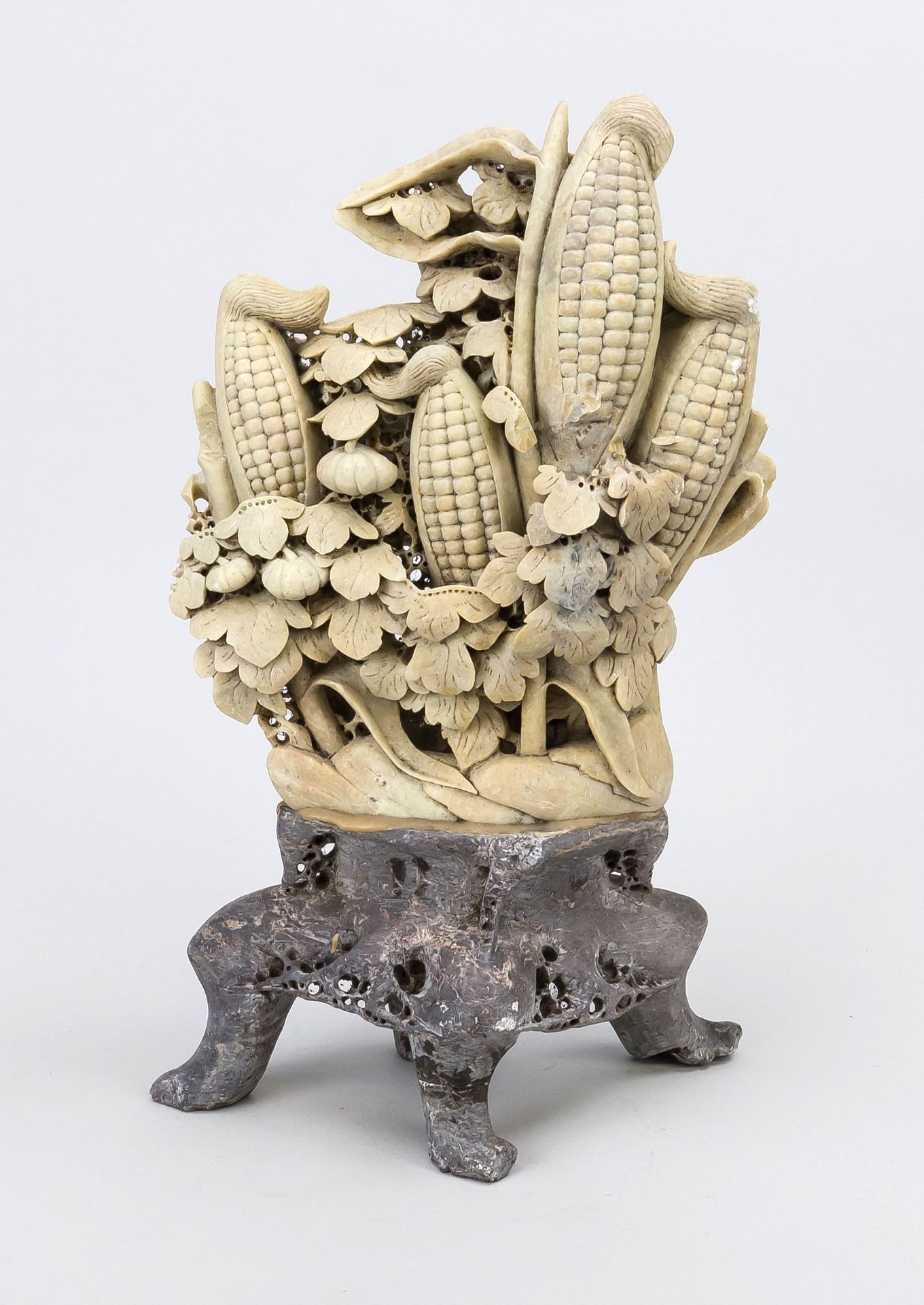 Large soapstone carving, China, probably 1st half of the 20th century, corn cob on a base. Openwork,