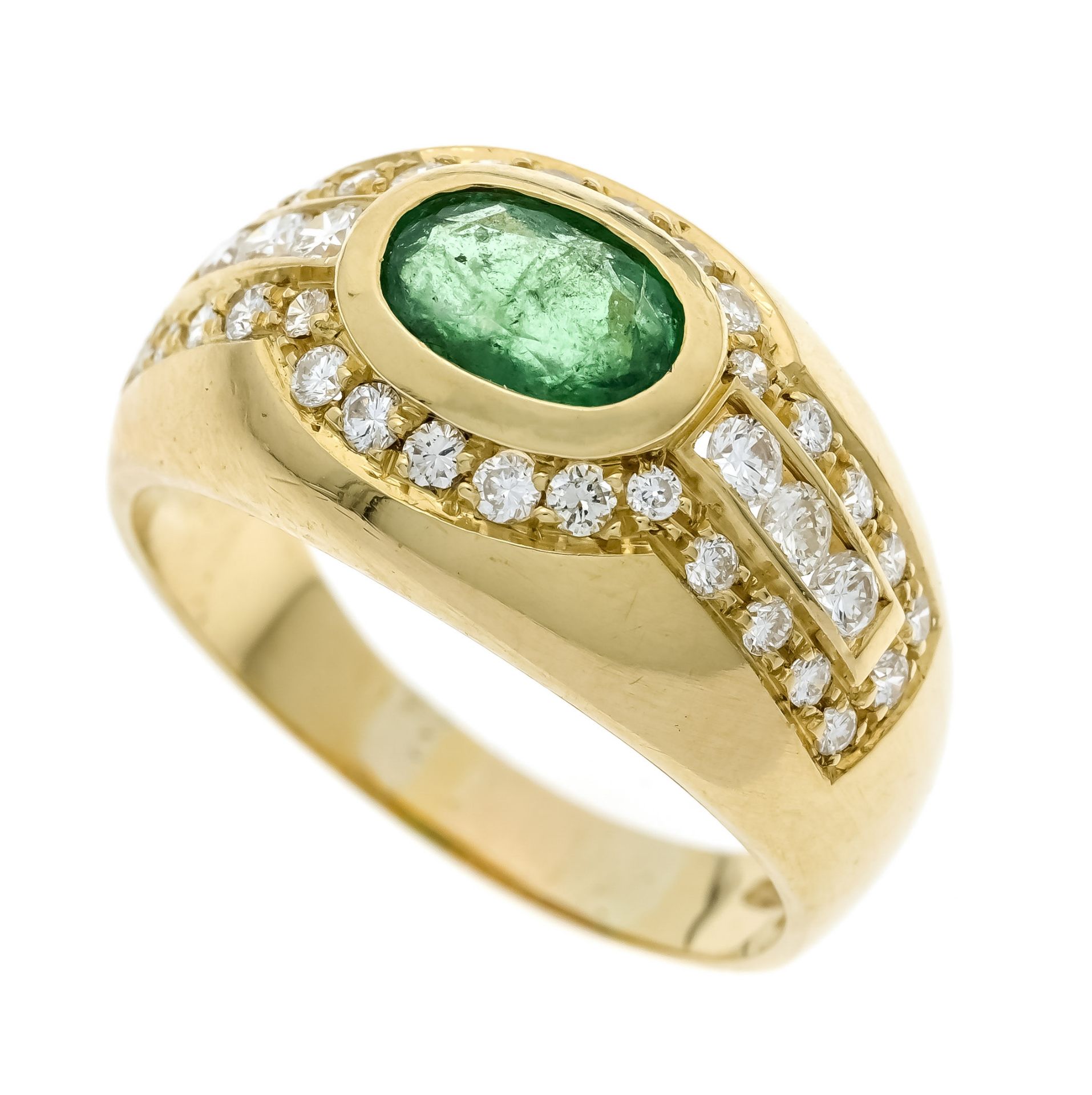 Emerald-brilliant ring GG 750/000 with an oval faceted emerald 7.3 x 5.0 mm green, transparent