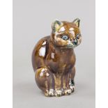 Sitting cat, 20th century, ceramic, signed Lui Bahn, brown luster glaze in tiger look, h. 14 cm