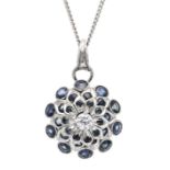 Sapphire-brilliant blossom pendant WG 585/000 with 30 round faceted sapphires 2.9 - 1.0 mm blue,