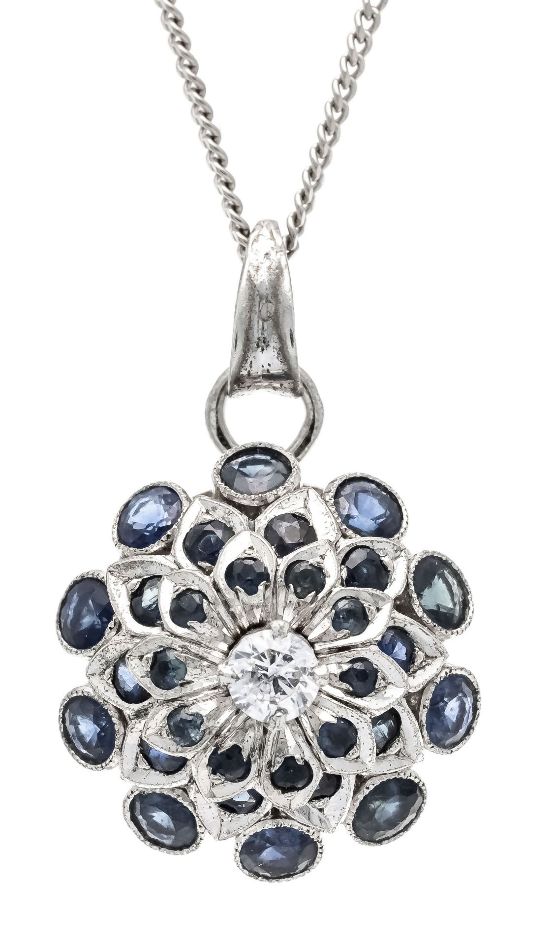 Sapphire-brilliant blossom pendant WG 585/000 with 30 round faceted sapphires 2.9 - 1.0 mm blue,