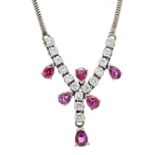 Ruby and brilliant-cut diamond necklace WG 585/000 with 6 faceted ruby drops 4.8 x 3.4 mm red,