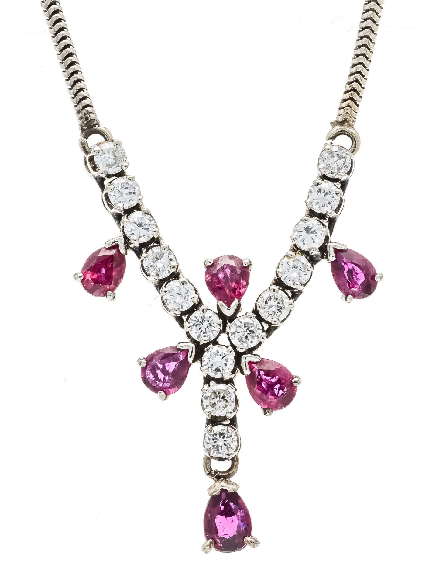 Ruby and brilliant-cut diamond necklace WG 585/000 with 6 faceted ruby drops 4.8 x 3.4 mm red,