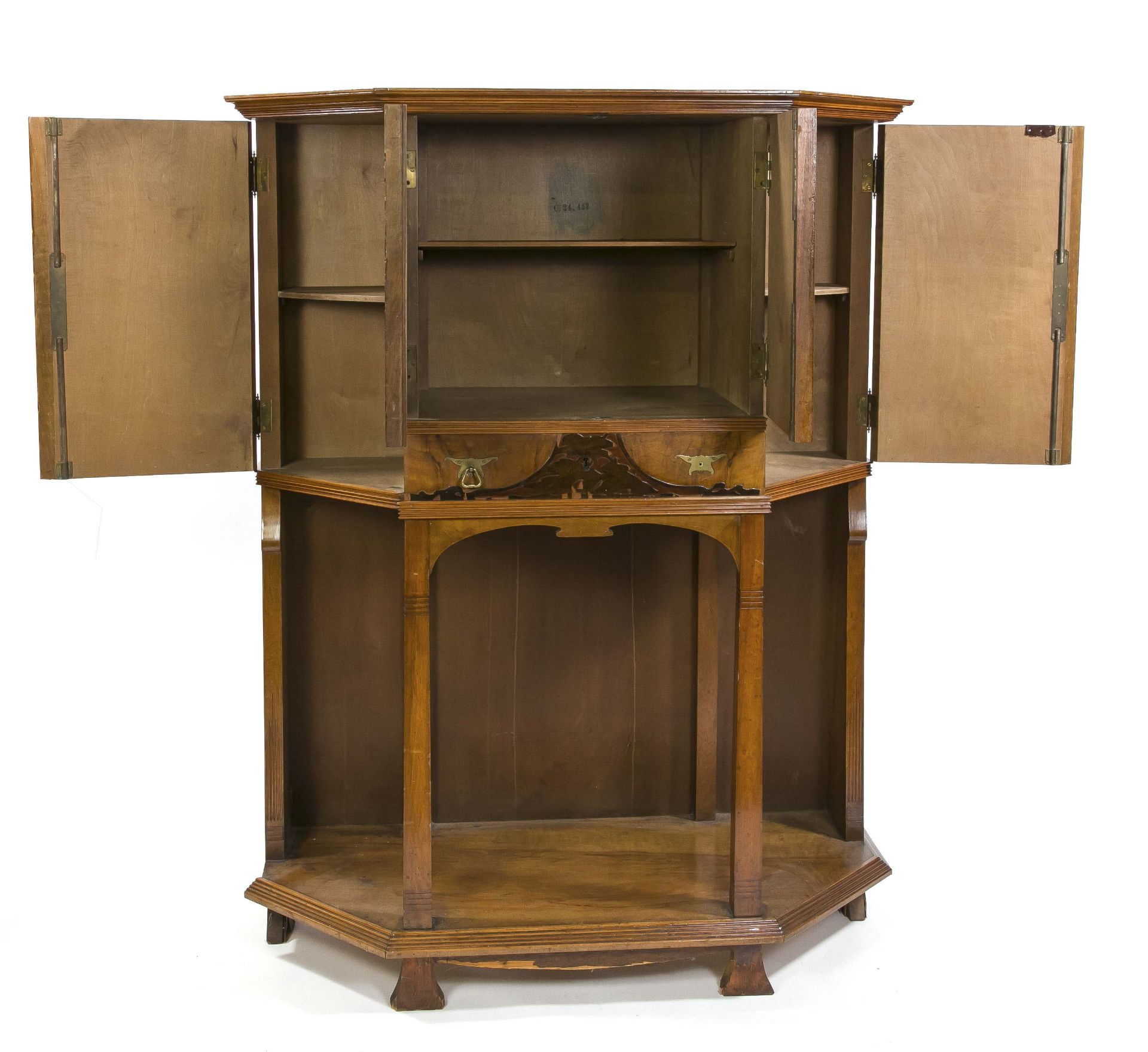 Art Nouveau decorative cabinet, France, c. 1900, solid walnut/veneered, trapezoidal 4-door body, - Image 2 of 2