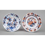 Two export Imari plates, China 18th century, both with floral decoration in cobalt blue, iron red