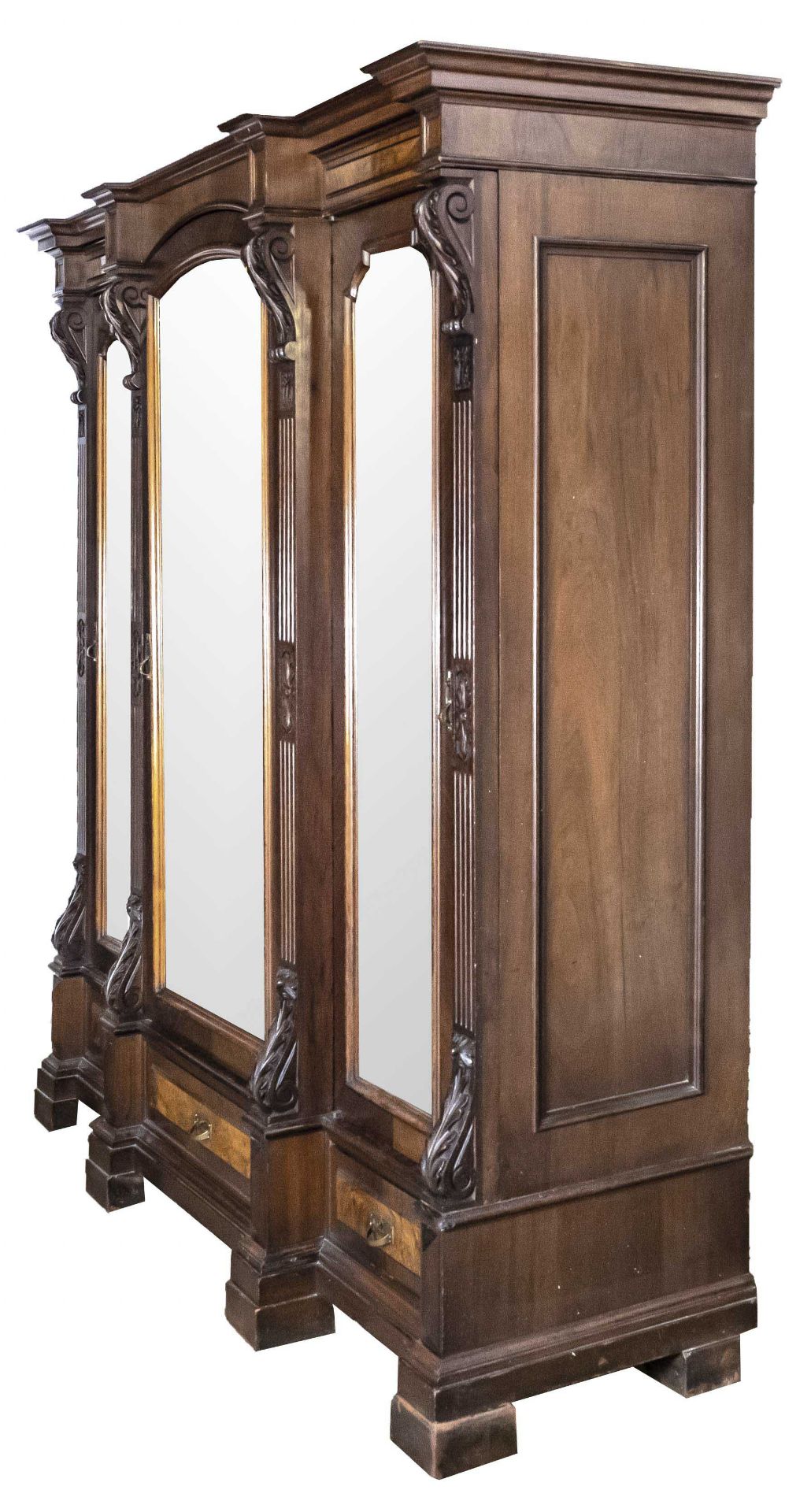 Wilhelminian style closet from around 1880, walnut veneered, 3-door mirrored body, coffered sides, - Image 2 of 2