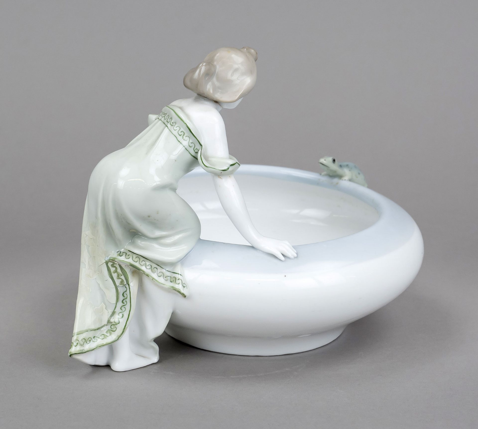 Figural Art Nouveau bowl, Metzler & Ortloff, Ilmenau, mark 1887-1972, girl bending at the edge of - Image 2 of 2