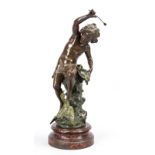 P. Moreau, French sculptor, c. 1900, boy with goose, green and brown patinated cast metal, 20th