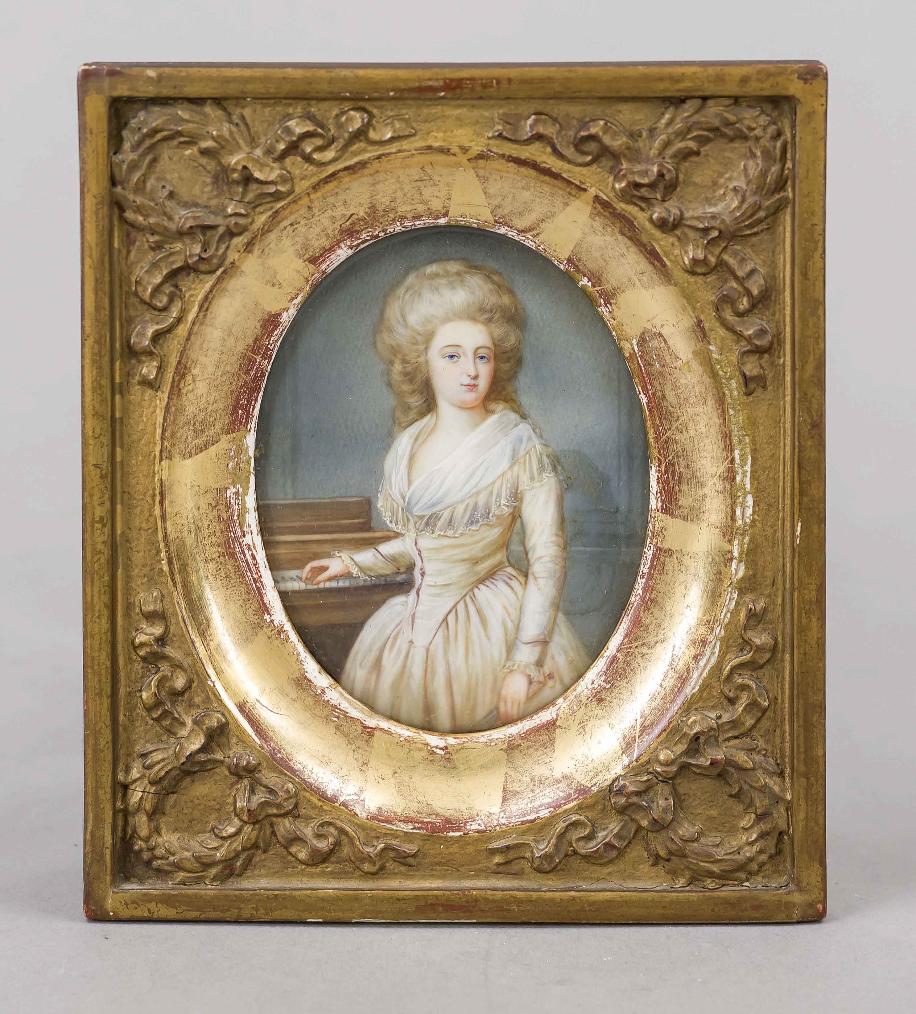 Miniature, 19th century, polychrome tempera painting on bone plate, unopened, oval portrait of a