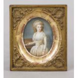 Miniature, 19th century, polychrome tempera painting on bone plate, unopened, oval portrait of a