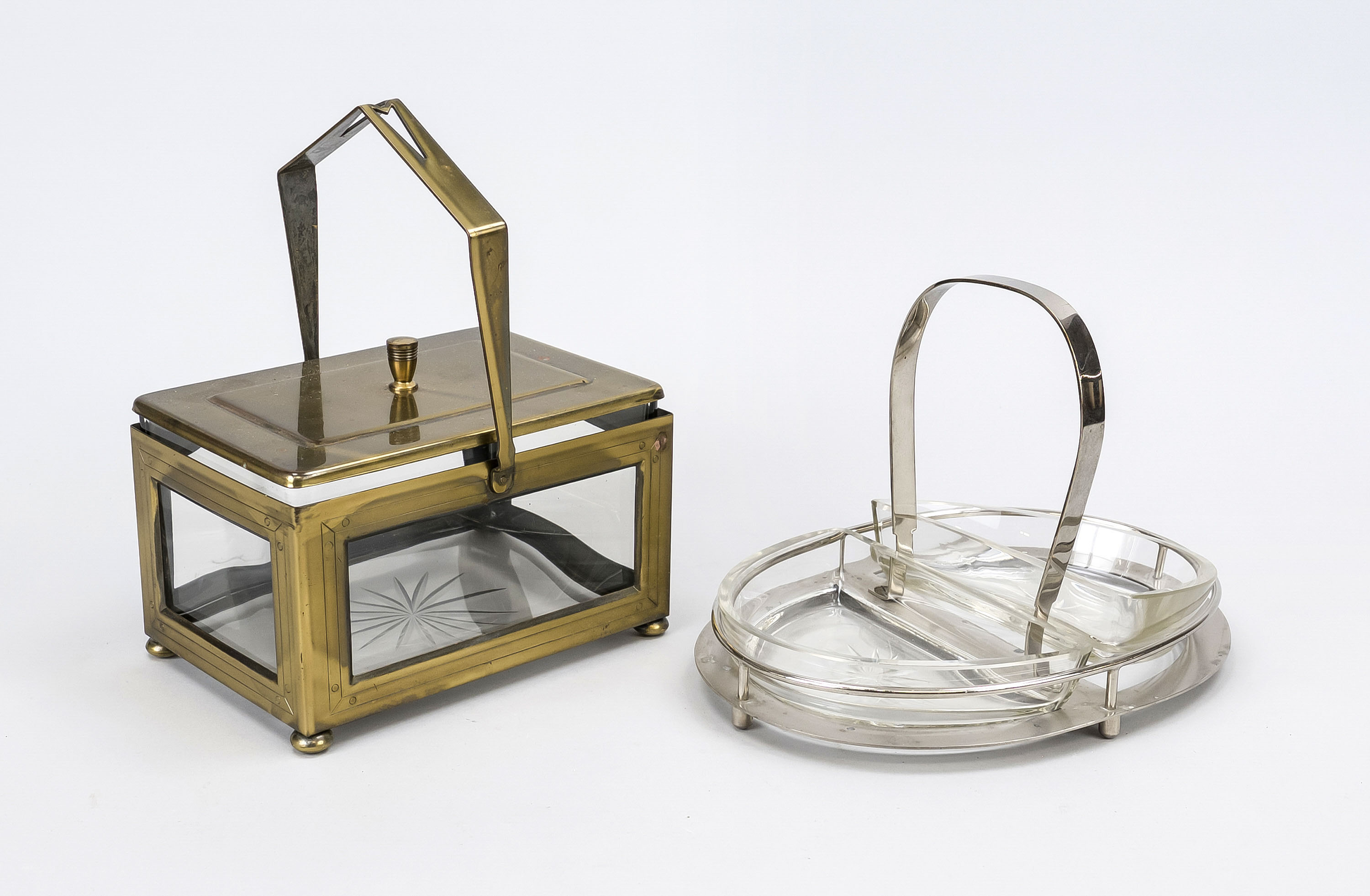Confectionery bowl and handle box, c. 1930, chrome-plated brass bowl, two star-cut glass inserts,