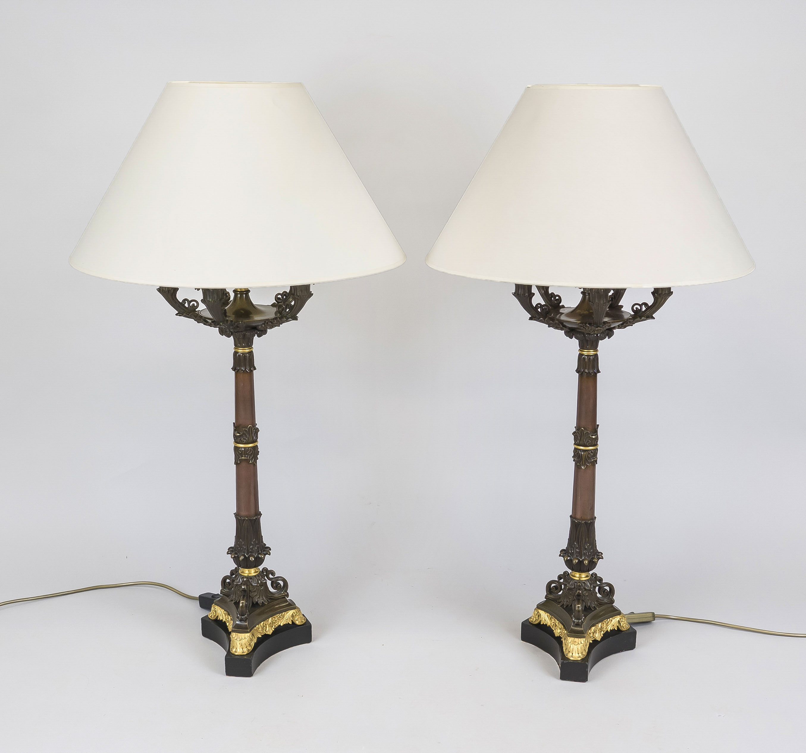 Pair of Empire chandeliers mounted as lamps (mariage), partially gilt bronze. Open-worked, trefoil - Image 2 of 2