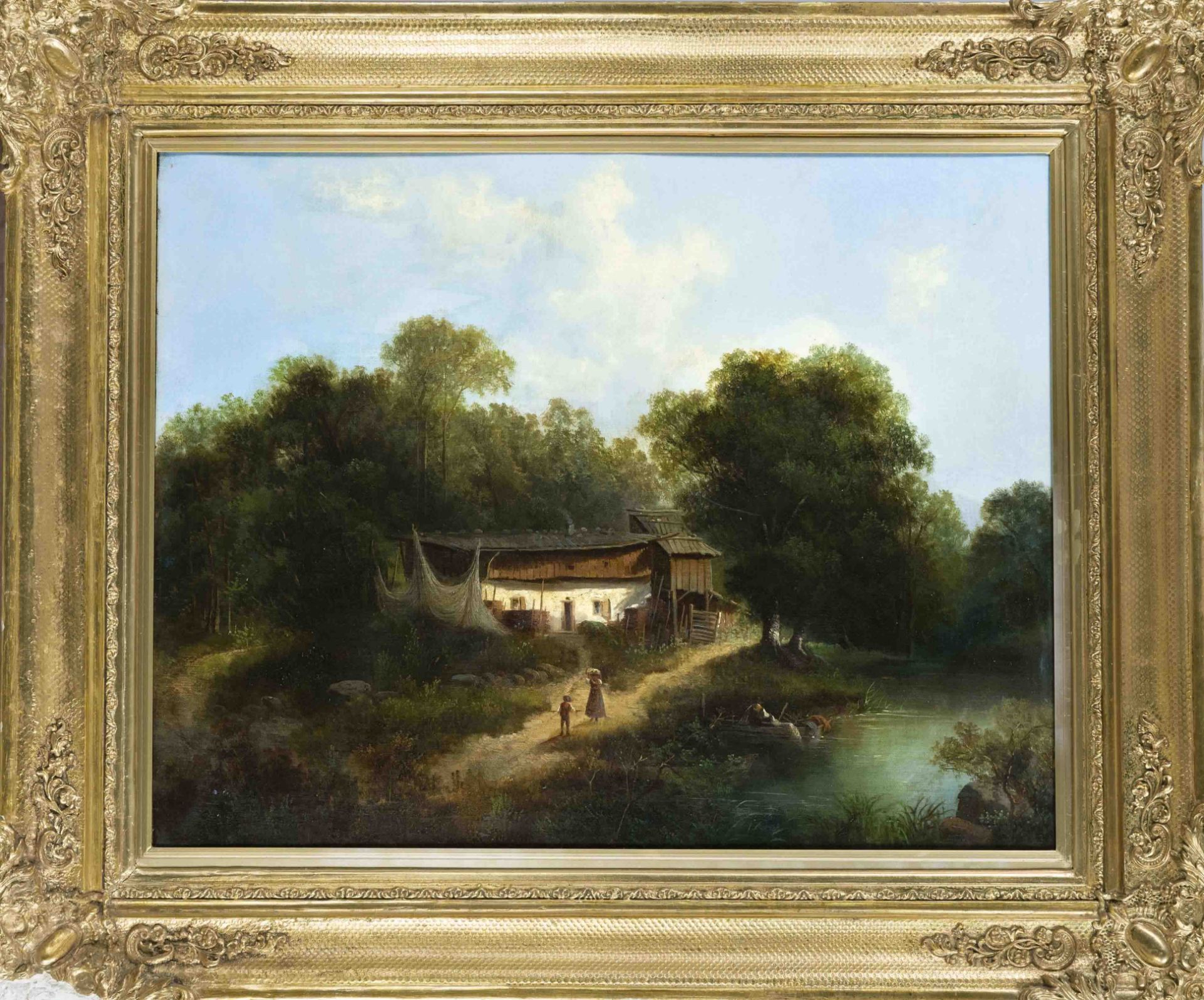 Unidentified, late German landscape painter, c. 1860, rural idyll by a river with staffage